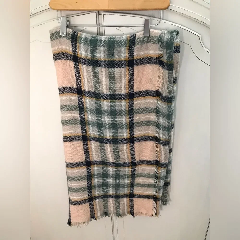 Tan Teal Plaid Soft Casual Cottagecore Preppy Blanket Scarf 60 x 60